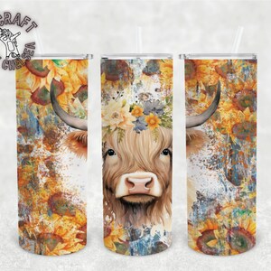 Highland Cow Floral Sunflower CUTE Boho floral cow 20oz Sublimation Tumbler Designs, Straight Skinny Tumbler Wrap PNG Digital Download