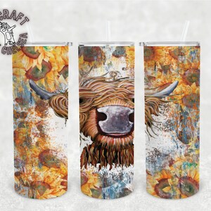 Highland Cow Floral Sunflower 20oz Sublimation Tumbler Designs, Straight Skinny Tumbler Wrap PNG Digital Download