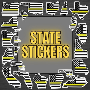 May include: A set of black and white state outline stickers with a thin yellow stripe across the middle. The stickers are arranged in a circle around the words "STATE STICKERS".