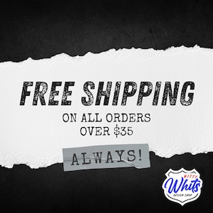 May include: Black and white graphic with the words "FREE SHIPPING" in bold, distressed font. Below, it reads "ON ALL ORDERS OVER $35." A small label says "ALWAYS!" and a logo for "Witty Whits Design Shop" is in the bottom right.