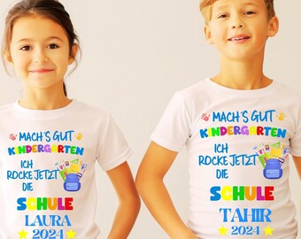 Abschied Kindergarten Tshirt  mit NAMEN, Schule,KITA, Tschüss Kindergarten, Hallo Schule,  Schulkind Einschulung Erzieherin, personalisert,