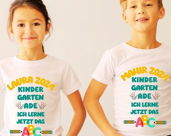 Abschied Kindergarten Tshirt  mit NAMEN, Schule,KITA, Tschüss Kindergarten, Hallo Schule,  Schulkind Einschulung Erzieherin, personalisert,