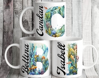 Personalized letter cup gifts, coffee cup, personalized cup, cup with name, coffee cup, fish motif cup