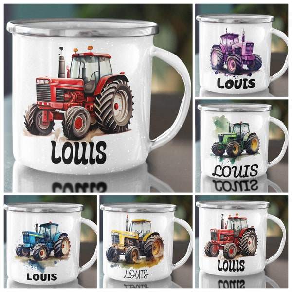 Traktor Kindertasse, Emaille Tasse Kinder, Tasse Kinder personalisiert, Kindertasse mit Namen, Emaille Tasse,