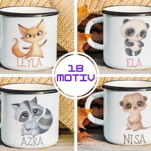 Cute animals children&#39;s cup, enamel cup children, cup children personalized, children&#39;s cup with name, enamel cup,