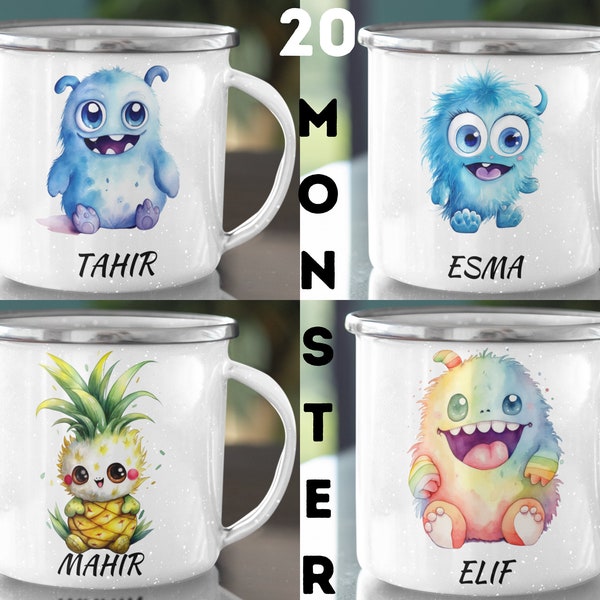 Süße Monster Kindertasse, Emaille Tasse Kinder, Tasse Kinder personalisiert, Kindertasse mit Namen, Emaille Tasse,