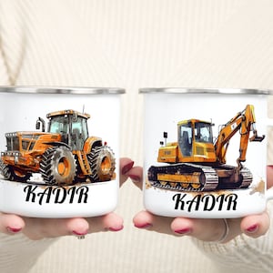 Excavator children&#39;s cup, enamel cup children, cup children personalized, children&#39;s cup with name, enamel cup,