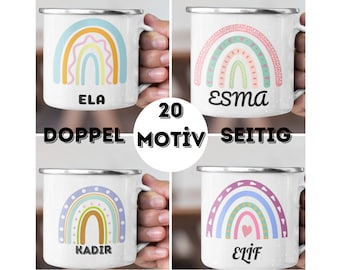 Regenbogen Kindertasse, Emaille Tasse Kinder, Tasse Kinder personalisiert, Kindertasse mit Namen, Emaille Tasse,