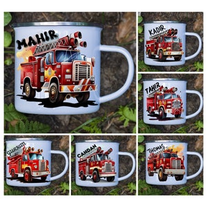 Fire brigade children&#39;s cup, enamel cup children, cup children personalized, children&#39;s cup with name, enamel cup,