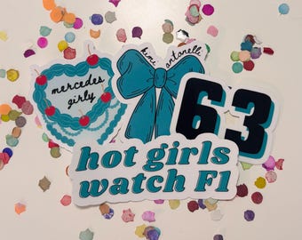 May include: Four stickers with a teal blue color scheme. One sticker features a heart-shaped cake with the text "mercedes girly" and red cherries. Another sticker has a teal blue bow with the text "kimi antonelli". The third sticker is a black number "63". The fourth sticker has the text "hot girls watch F1" in teal blue.