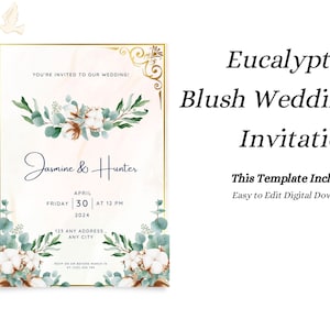 Wedding Eucalyptus Gold Blush Digital Download Invitation Template