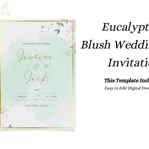 Wedding Eucalyptus Green Teal Pink Blush Digital Download Invitation Template