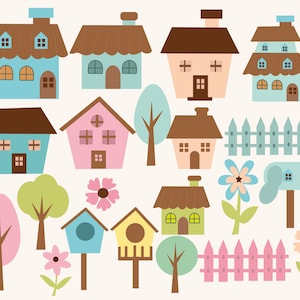 Little Houses Clipart Set,home clipart,house clip art set,flowers,trees,fences, birdhouse,Instant Download,Personal Use, Commercial Use, PNG