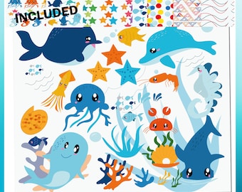 Sea Creatures Clipart Set, Sea Animals Clipart,crab, fish, octopus, , ocean,  Summer clipart, Instant Download, Personal Use, Commercial,
