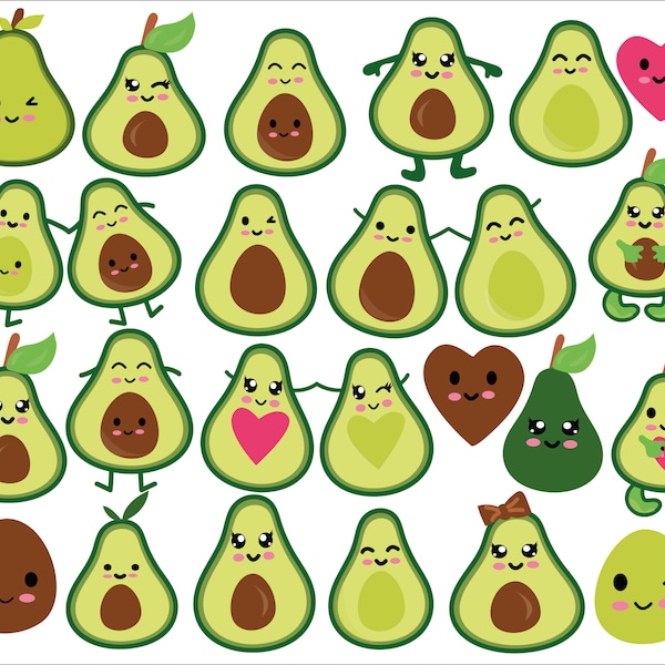 Cute Avocado Clipart,clipart set of avocados,happy avocado,avocado clipart, hearts,Avocado vector graphics,vegetable digital image,Personal