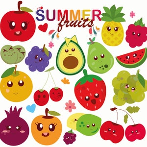 Summer Fruits clipart, Kawaii Fruit, Watermelon svg, assorted fruits, Pineapple png digital clip art set- Digital Download | SVG, EPS, PNG