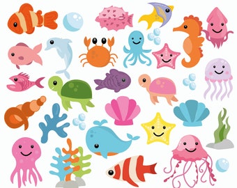Ocean Life Clipart Set - Cute Sea Animals for Stickers, Crafts, and More! (Crab, Fish, Octopus, Turtle) - Digital Download - PNG & SVG