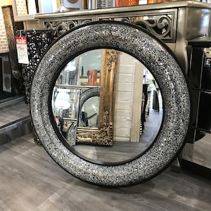 Handmade Crackle Mosaic Design Round Silver Wall Mounted Mirror Frame Free Style 80cm