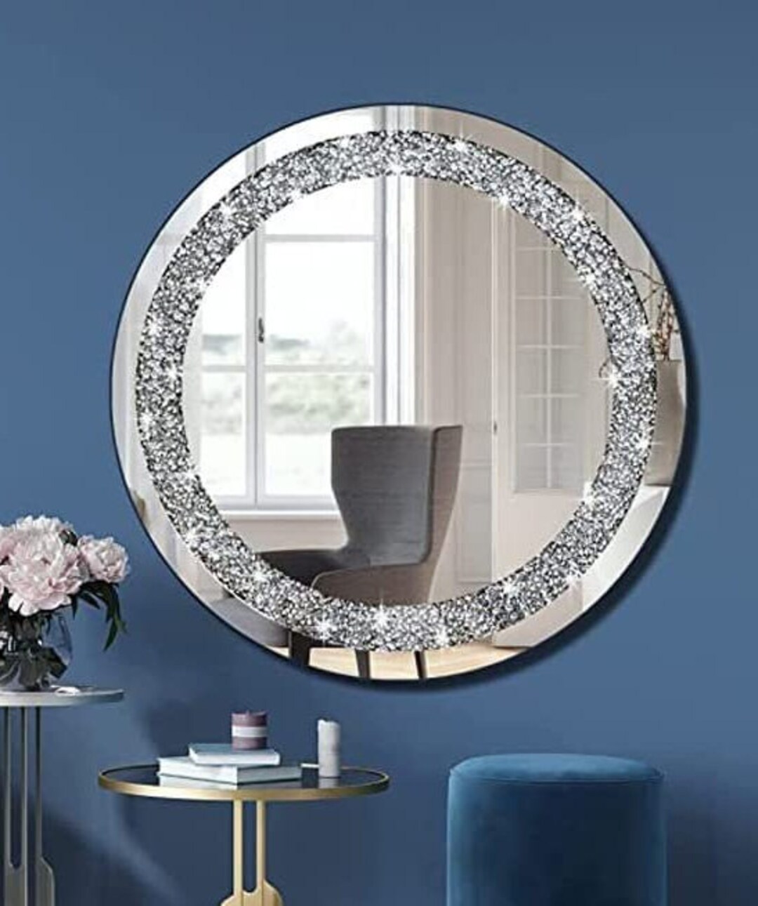 Crushed Crystal Jewel Gem Design Round Wall Mirror Silver Etsy UK