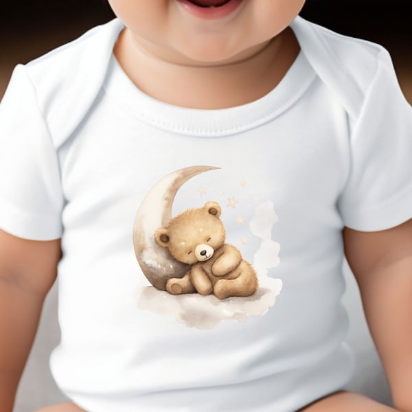 Niedlicher Bären-Bodysuit, Baby-schläfriger Bär und Mond-Grafik, weiche neutrale Farben, Unisex-Baby-Dusche-Geschenk, Neugeborenen-Kleidung, bequeme Babykleidung