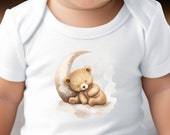 Cute Bear Bodysuit, Baby Sleepy Bear and Moon Graphic, Soft Neutral Colors, Unisex Baby Shower Gift, Newborn Clothing, Comfortable Babywear