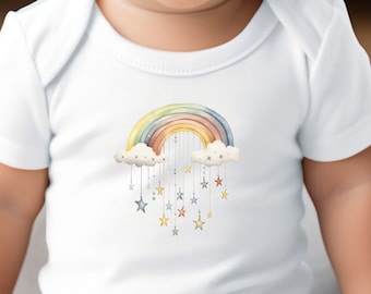 Baby Bodysuit Rainbow and Stars, Cute Watercolor Cloud Nursery, Gender Neutral Baby Shower Gift, Infant Rainbow One-Piece, Soft Cotton