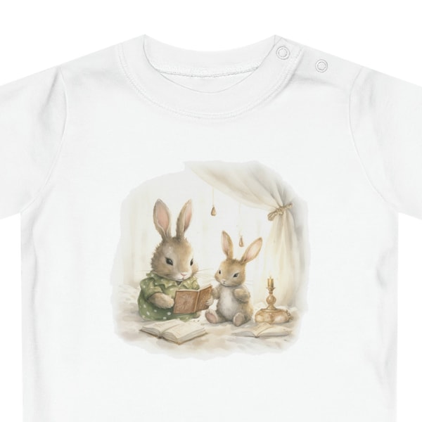 Adorable Bunny Reading to Baby Rabbit T-Shirt, Cute Animal Illustration Tee, Unisex Kids Shirt, Soft Cotton Shirt, Reading Book Illustration