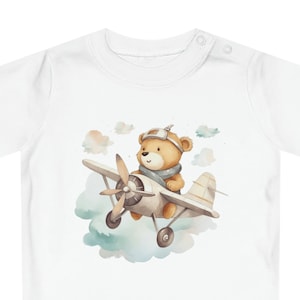 Cute Aviator Teddy Bear T-Shirt, Pilot Bear Graphic Tee, Kids Unisex Airplane Shirt, Soft Cotton Shirt, Baby Flying Adventure Birthday Gift image 1