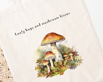 Borsa tote con funghi acquerello, illustrazione di funghi della foresta, borsa della spesa riutilizzabile ecologica, borsa per gli amanti della natura, borsa del mercato in tela di cotone