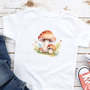 Whimsical Mushroom Family T-Shirt, Cute Fungi Botanical Art Tee, Watercolor Mushroom Apparel for Nature Lovers, Kids Casual Gift T-Shirt