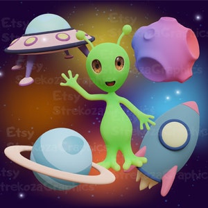 Set of cartoon space theme objects. Transparent PNG.