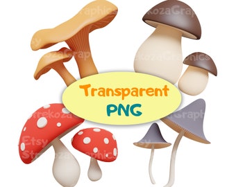 Transparent PNG. Set of cute cartoon  mushrooms.