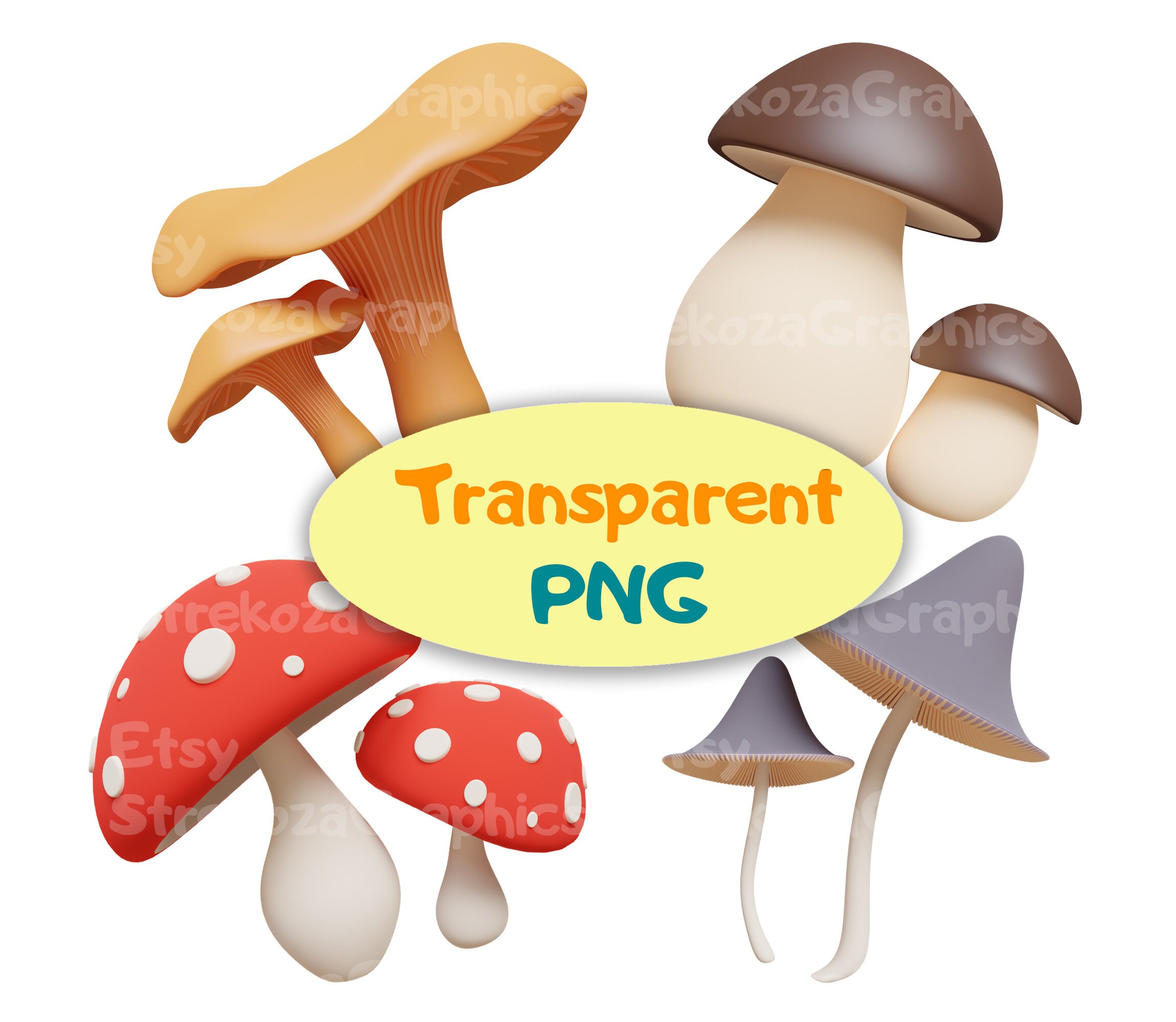 Transparent PNG. Set of Cute Cartoon Mushrooms. Etsy