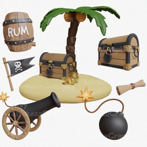 Set of cartoon pirate theme objects. Transparent PNG.