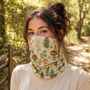 Halswärmer mit wildem Aquarell-Pilzmotiv, Gesichtsmaske mit Morchel- und Farnmuster, Schlauchschal im Cottagecore-Stil, verspielte Gesichtsmaske, Wander-Halswärmer