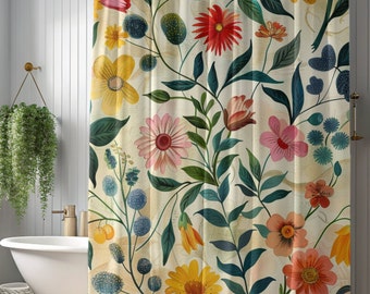 Cortina de ducha botánica, cortina de ducha estética floral, decoración de baño colorida y caprichosa con estilo cottage core, decoración de baño botánica de 71 x 74 pulgadas