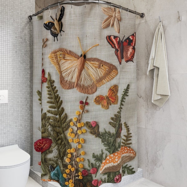 Butterfly Shower Curtain, Aesthetic Cottage Core Shower Curtain, Colorful Mushroom Bathroom Decor, Wild flower Bathroom Accesories 71"x74"