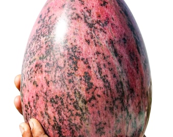 KAM'R GEM | Massives 9-Zoll-rosa Rhodonitkristall-Statement-Ei-Skulptur-Mittelstück für Wohnzimmer