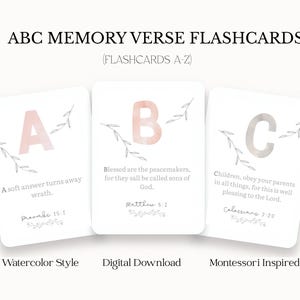 May include: Three watercolor-style flashcards with pink letters A, B, and C. Each card features a Bible verse, including "A soft answer turns away wrath." (Proverbs 15:1), "Blessed are the peacemakers, for they shall be called sons of God." (Matthew 5:9), and "Children, obey your parents in all things, for this is well pleasing to the Lord." (Colossians 3:20).