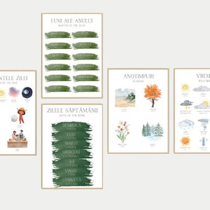 Overzichten tweetalige leerbundel Roemeens-Engels: maanden, dagen, weer, seizoenen en tijdstip Afdrukbare items | Poster | Kunstafdruk