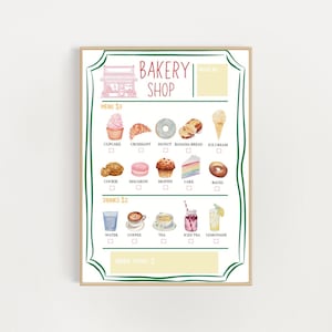 May include: A printable menu for a bakery shop with a list of baked goods and drinks. The menu includes items like cupcakes, croissants, donuts, banana bread, ice cream, cookies, macarons, muffins, cake, bagels, water, coffee, tea, iced tea, and lemonade. The menu is decorated with watercolor illustrations of the items.