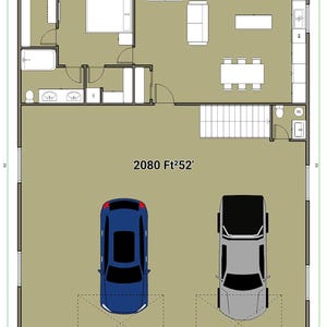Puede incluir: Plano de planta de una casa visto desde arriba, con garaje. El plano incluye un dormitorio, un baño, una cocina, una sala de estar y un comedor. Dos coches están aparcados en el garaje. La superficie total es de 193,24 metros cuadrados.