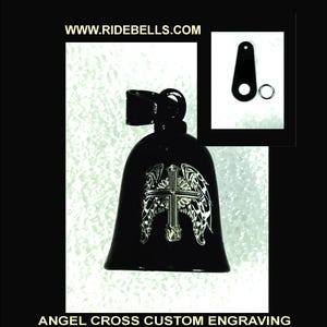 Ride bell, biker bell, gremlin bell, Angel Cross engraving with Bell Hanger, your wording side 2. on bell