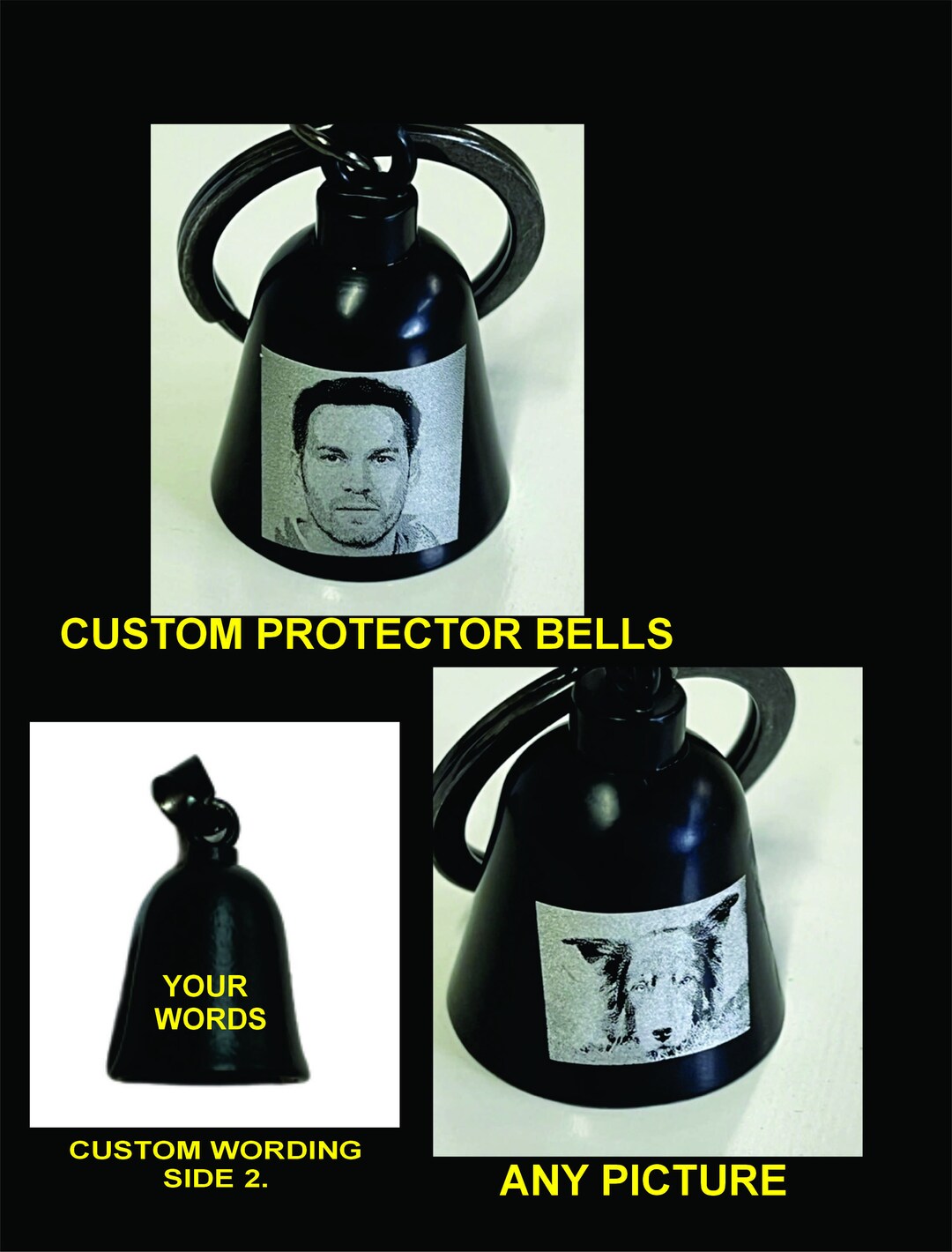 Custom Biker Bells, Gremlin Bells, Protector Bells, Engraved With Photo
