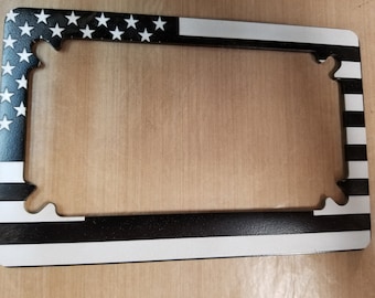 USA flag custom motorcycle license plate frame, billet aluminum, engraved
