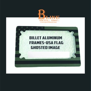 Motorcycle license plate frame USA flag ghosted image or fully engraved
