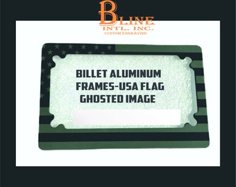 Motorcycle license plate frame USA flag ghosted image or fully engraved