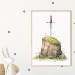 Excalibur Sword Printable Wall Art – Watercolor Digital Art for Nursery Wall Decor, Kids Room Decor and Playroom – Instant Download