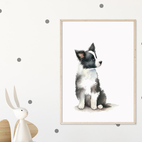 Baby Border Collie Printable Wall Art – Watercolor Digital Art for Nursery Wall Decor, Kids Room Decor and Playroom – Instant Download