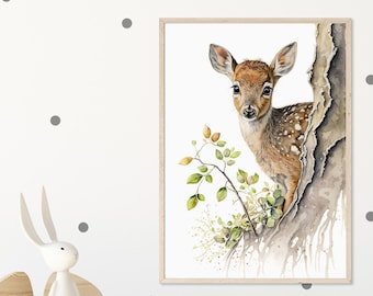 Adorable Baby Deer – Woodland Printable Wall Art for Nursery, Kids' Bedroom and Playroom – Watercolor – Neutral colors